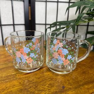 Vintage Luminarc Glass Mugs Set Floral Cottage/ Homestead Style